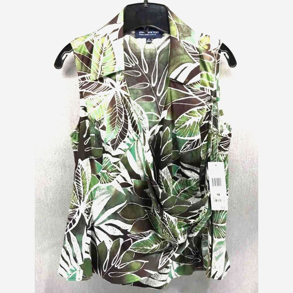Jones New York Faux Wrap Sleeveless Blouse Safari Green Tropical Leaf - 1X NWT